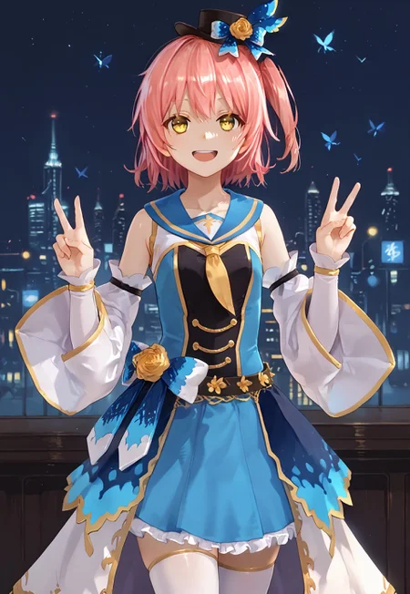 safe_pos, 1girl, solo, solo focus, highres, absurdres, CtK_LiYu, short hair, detached sleeves, yellow eyes, pink hair, white dress, mini hat, blue sailor collar, white thighhighs, blue bow, one side up, wide sleeves, white sleeves, white skirt, long sleeves, sleeveless, hair ornament, bang, belt, blue dress, bare shoulders,
looking at viewer, double v, smile, open mouth, hands up,
cityscape, neon lights, shade, night, night sky, dark, backlighting,