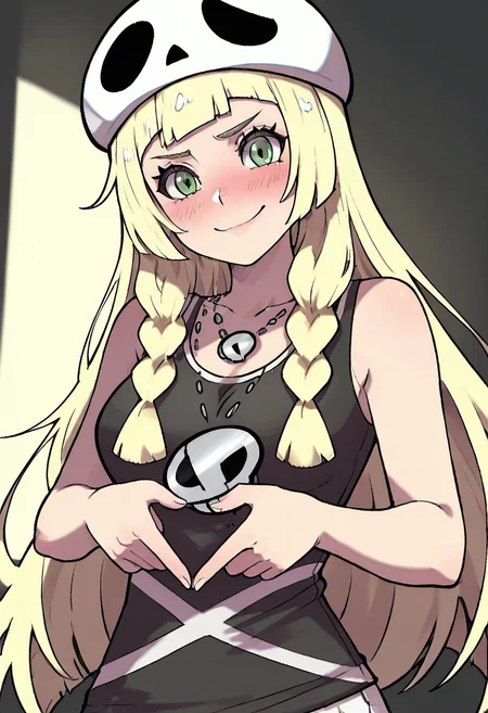 masterpiece, best quality, 1girl, solo, (portrait), zzSkullLillie, blonde hair, long hair, green eyes, white hat, sleeveless tank top, jewelry, skull necklace, embarrassed smile, shy eyes, flushed cheeks, fidgeting hands, awkward expression, upper body shot, soft lighting â Blushing furiously, zzSkullLillie lowers her gaze with a shy smile, her fingers fidgeting nervously at the hem of her tank top. The soft lighting bathes her in warmth, and her skull necklace gleams gently against her chest, adding to her adorably flustered appearance. ,dynamic pose, foreshortening, ,<lora:SkullLillie_IXL:1.0>,