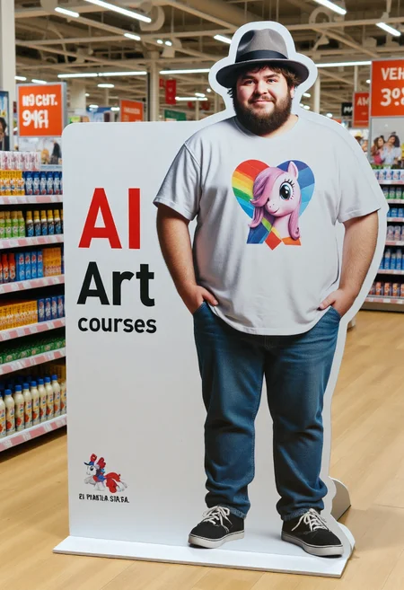 <lora:Cardboard_Cutout_Creator_FLUX-000021:0.9>
The image is a high-resolution photograph taken inside of a grocery store, showcasing a large, detailed, 3D cardboard cutout of an obese man with unkempt hair wearing a fedora and a My Little Pony tshirt, next to the text "AI Art Courses - Civitai College"