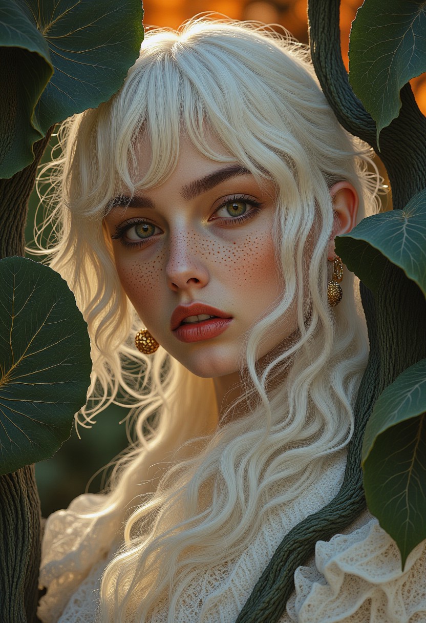 A hyper-realistic digitally drawn portrait, HD, 8K quality, ultra-detailed, masterpiece digital artwork, features a close-up of a woman with ethereal pale porcelain skin, soft freckles, and flowing white hair that cascades around her face in long, delicate strands, animated as if caught in a gentle breeze. Her bangs frame her forehead, while her floating hair evokes an artistic and aesthetic sense of movement. She gazes directly at the viewer with a serene yet haunting expression, exuding a timeless grace. Adorned in medieval widow’s white clothing with intricate lace and delicate textures, her attire amplifies her otherworldly allure. Dreamy, diffused lighting softly illuminates the scene, blending her form into the warm, orange-toned background. Surrounding her is dark green surreal vegetation—twisting vines and oversized leaves—that spirals and frames the composition with an organic, fantastical energy. This digital artwork masterfully balances realism and surrealism, creating a mesmerizing portrait steeped in ethereal beauty. (midjourney_whisper_avant_couture)