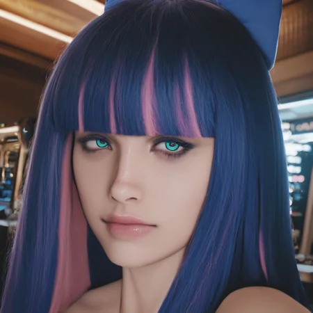 sfw, masterpiece, best quality,absurderes,source_photo,cinematic,realistic,photo,cropped,portrait, stocking \(psg\), panty & stocking with garterbelt, multicolored hair, in a casino, fancy indoors, casino games, <lora:Reallustrious_Beta:0.8>