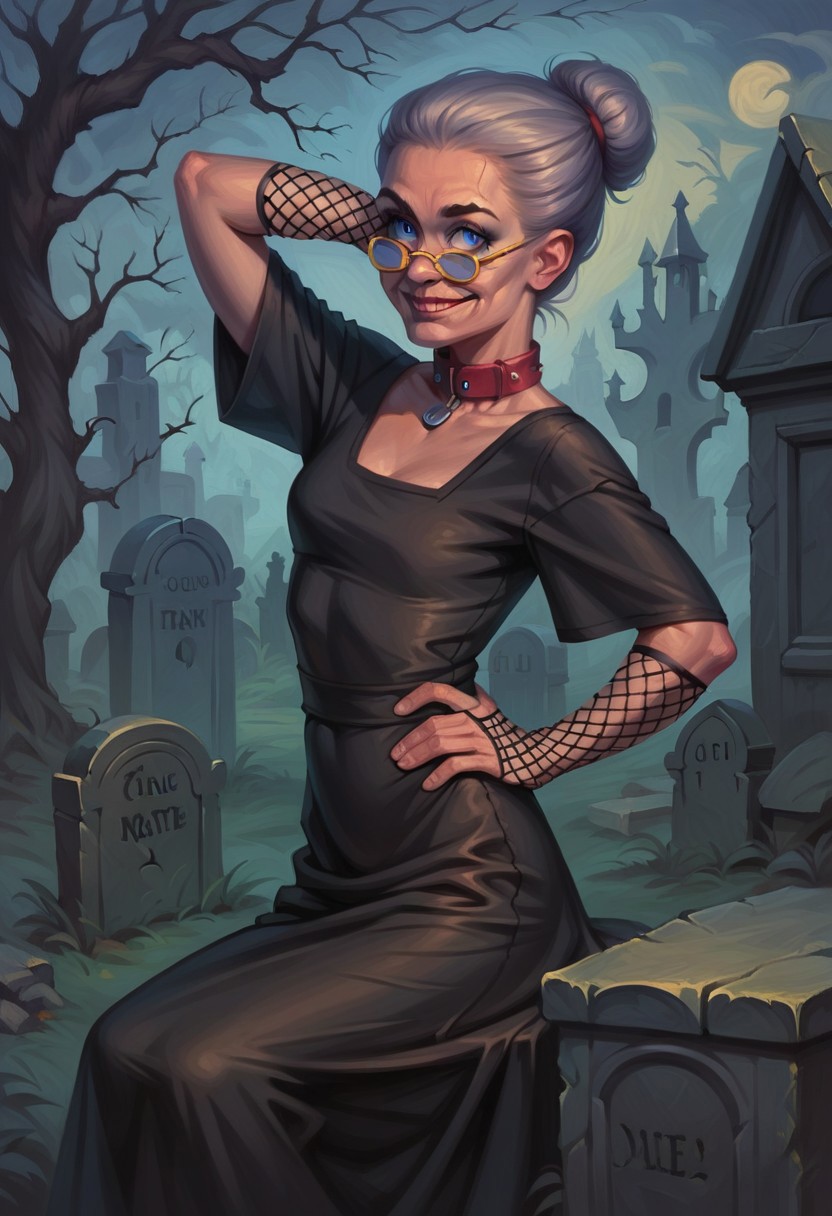 score_9_up, score_8_up, score_7_up, score_6_up, 1girl, solo, GG_Ruthie, old woman, black dress, grey hair, yellow-framed eyewear, single hair bun, blue eyes, seductive smile, fishnet gloves, red collar, adult, standing, one hand on hip, one hand behind head, (sitting on gravestone), spooky graveyard, , sexy pin up art, (realistic, painted art)