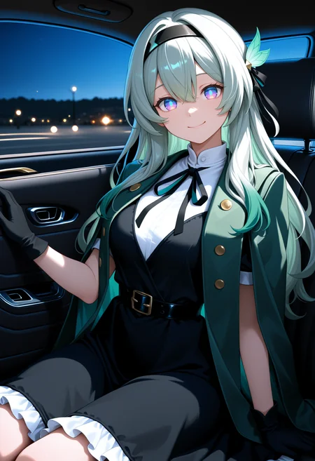 masterpiece, best quality, 1girl, solo, F1reflyJpll, blue pupils, purple eyes, blue eyes, grey hair, green hair, multicolored hair, long hair, black hairband, hair ornament, black dress, frilled dress, white shirt, black ribbon, green jacket, jacket on shoulders, black gloves, black belt, frilled dress, sitting, car interior, smile, looking at viewer, <lora:ChamFireflyNoob:1>