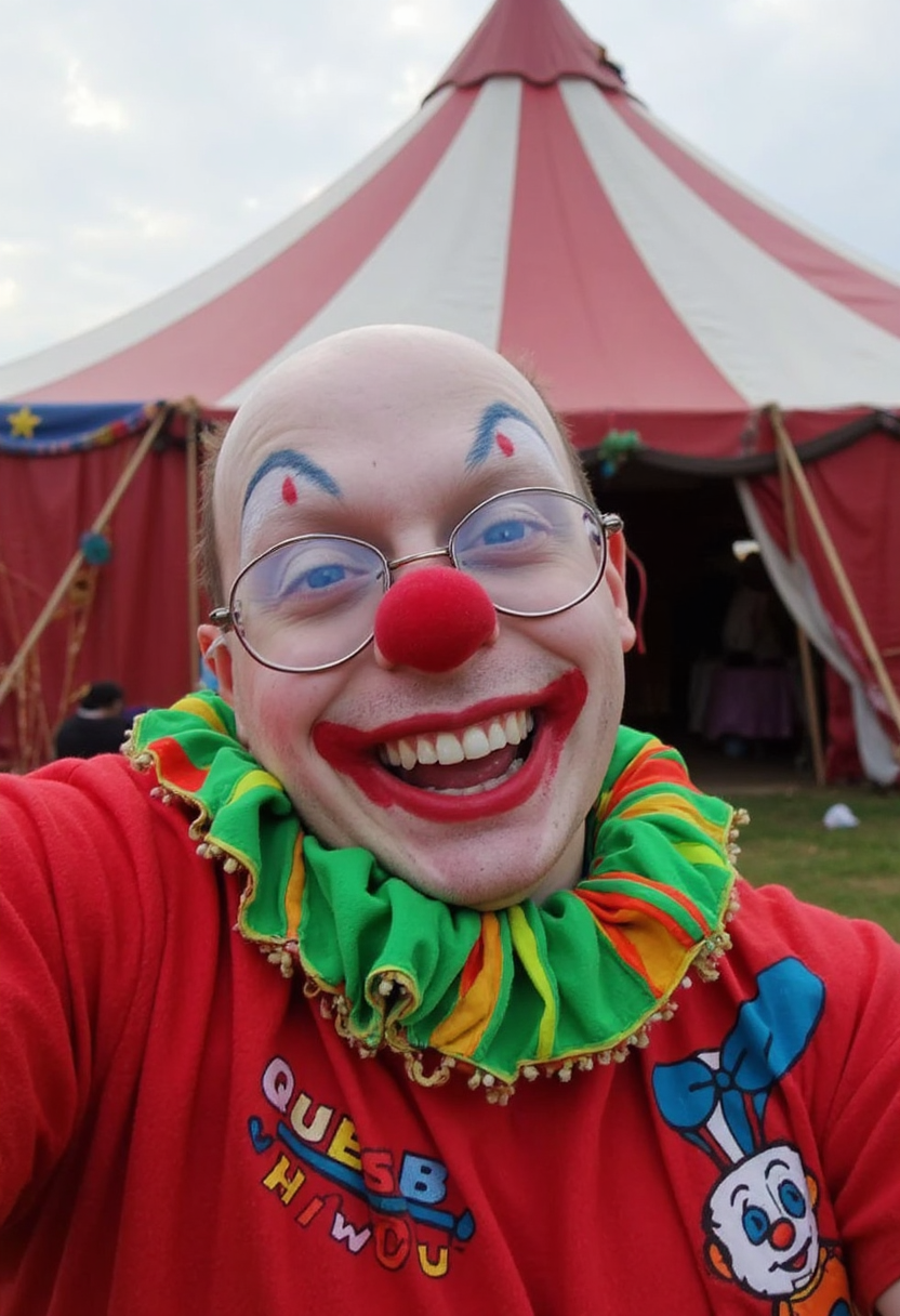 photo selfie of a happy clown standing in front of a circus tent, gaudy clothes, red nose, soft natural light <lora:mobile-000081:1>