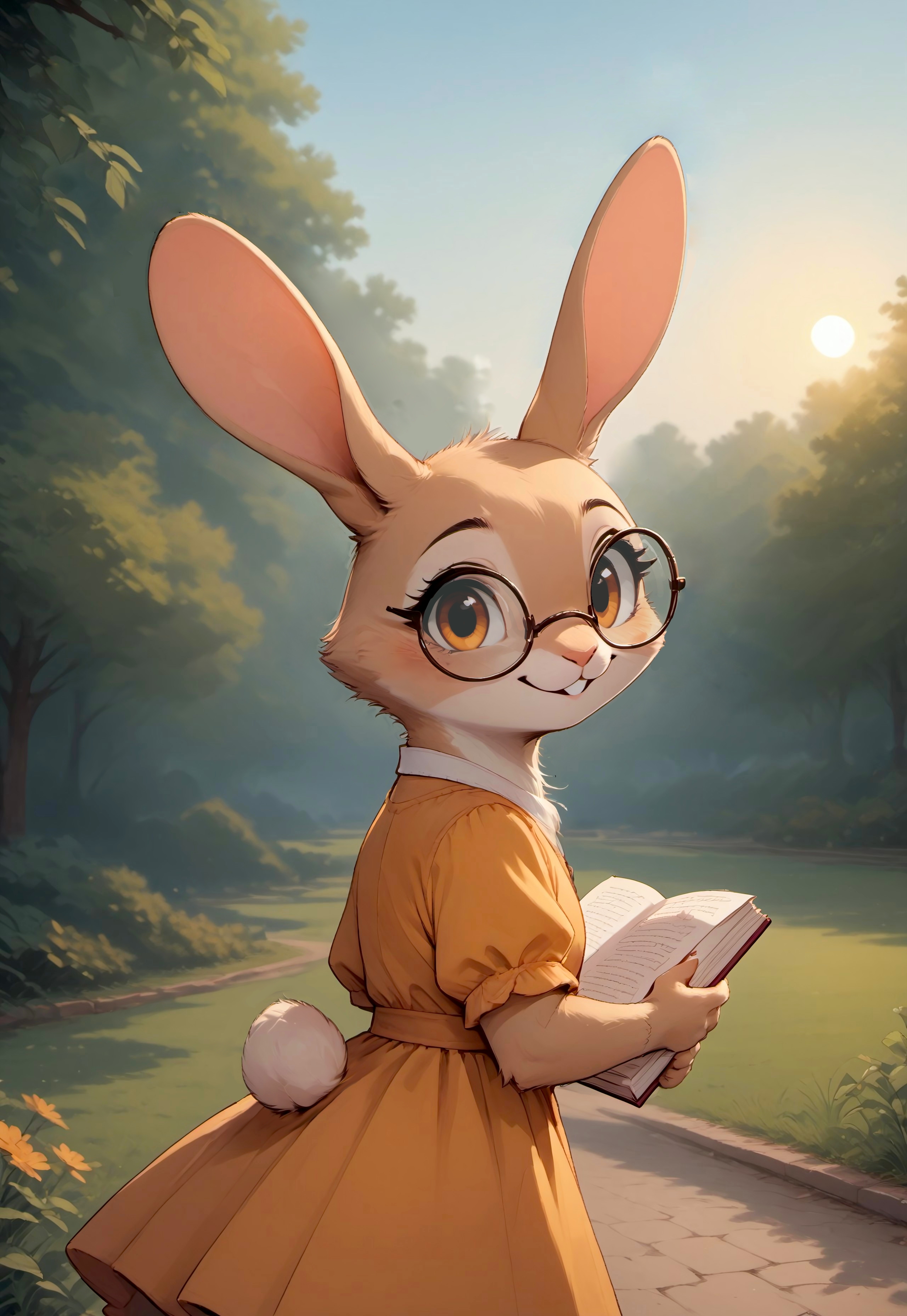 score_9, score_8_up, score_7_up, score_6_up, score_5_up, score_4_up, solo, (((rabbit))), beige fur, brown eyes, (glasses), (cute, feral:1.5), (sun dress), looking back, looking at viewer, park, grass, holding book, (smile)