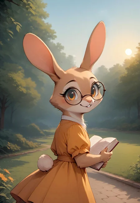 score_9, score_8_up, score_7_up, score_6_up, score_5_up, score_4_up, solo, (((rabbit))), beige fur, brown eyes, (glasses), (cute, feral:1.5), (sun dress), looking back, looking at viewer, park, grass, holding book, (smile)