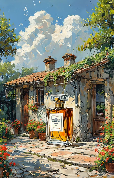 masterpiece,best quality,<lora:tbh5-sdxl:0.9>,illustration, A bottle of perfume in garden