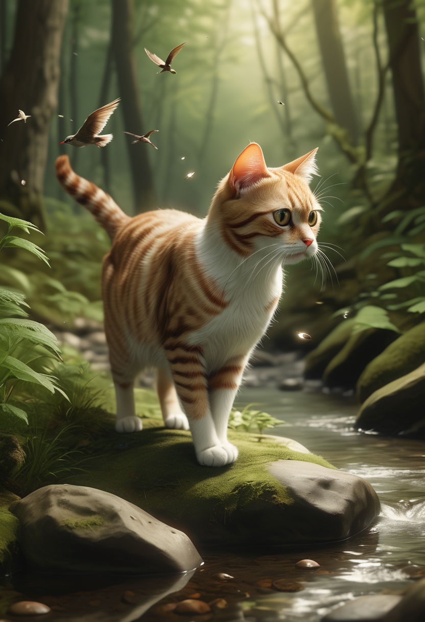 (medium full shot) of (sleek cat), mixed fur, solid, hazel, tiny glasses,  set in  a quiet forest with a babbling brook, chirping birds, and a peaceful ambiance, while chasing a laser pointer, Masterpiece,best quality, photo, realistic, very aesthetic,