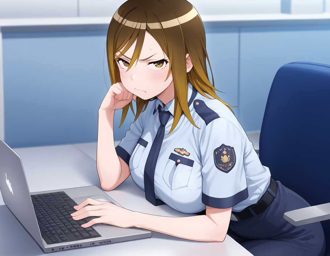 masterpiece,best quality,amazing quality,  1girl [<lora:Date_Makikoä¼éçå¸å­:1>date makiko, female police uniform] sitting behind a desk in a japanese police station, annoyed,  typing on a laptop, looking at viewer, front view, extreme close up