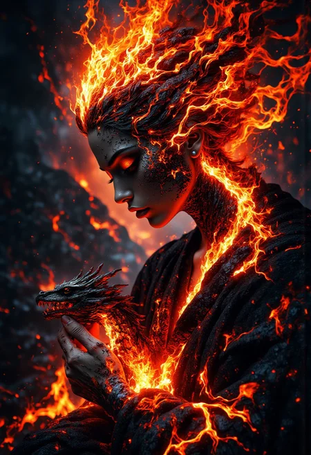 double exposure, a woman face made in fire and she has hair made of flames, dark, magical, fantasy, digital art pale redhead holding baby dragon with a volcano and lava in background, beautiful, photorealistic photography, 50mm lens, highly detailed, sharp focus, professional photoshoot, chiaroscuro lighting, masterpiece, hyper-realistic