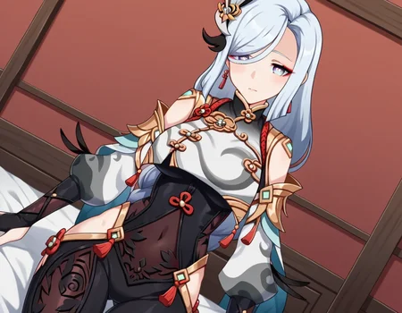 score_9, score_8_up, score_7_up, source_anime,
shenhe, <lora:genshin-shenhe-ingame-ponyxl-lora-nochekaiser:1>,
shenhe, blue eyes, braided ponytail, earrings, eyelashes, eyeliner, eyes visible through hair, eyeshadow, hair between eyes, makeup, red eyeshadow, sidelocks, single earring, symbol-shaped pupils, tassel, tassel earrings, white hair, long hair,
arm support, bare shoulders, black bodysuit, black gloves, bodysuit, breast curtain, chinese knot, clothing cutout, covered navel, detached sleeves,gloves, gold trim, hip vent, jewelry, long sleeves, partially fingerless gloves, puffy detached sleeves, puffy long sleeves, puffy sleeves, shoulder cutout, side cutout, stomach cutout, thigh cutout, white sleeves,
indoors, bed, bed room, on side, blush, drunk,
looking at viewer, cowboy shot, dutch angle,