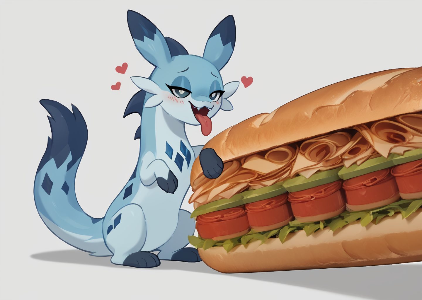 score_9, score_8_up, score_7_up, score_6_up, score_5_up, score_4_up, feral chillet licking a sandwich, tongue, freshcock, eatfresh, behaving like a cat, blue body, full body, show accurate, cute, dark blue diamond chest markings, abhorrent, bedroom eyes, transparent background, potent<lora:chillet-v3e10:1>,<lora:EatfreshPDXL:1>