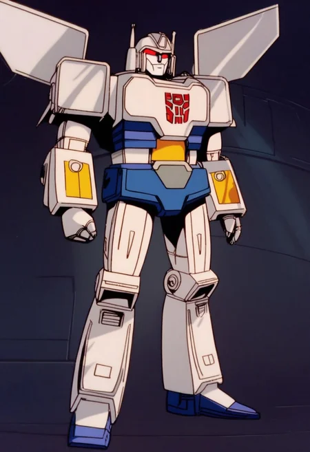 score_9, score_8_up, score_7_up, animation, transformers, 1boy, robot, Decepticon, Tall, bulky, Seeker, Starscream glowing eyes, red eyes, large eyes, circular eyes, Black armor, Forard swept wings, transforms into futuristic Stelth Mig Fighter Jet, full body, cowboy shot, smiling, holding null ray blasters, Decepticon Symbol <lora:StarScream1.2:1>