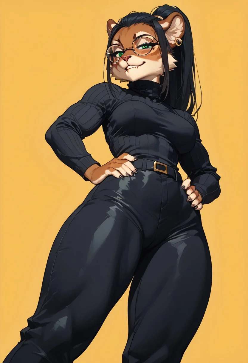 score_9, score_8_up, score_7_up, masterpiece, best quality, full body, unique angle, 1girl, source_furry, anthro, (furry:1.5), (((lioness female))), stretching, ((presenting ass)), wearing ((black Turtleneck)) and ((Wide Leg Trousers)), glasses, ((biting own lip)), half-closed eyes, (golden jewelry), long hair, ponytail, clear green eyes, hands on hips, (seducing viewer), curvy, athletic, looking at viewer, female focus, posing, erotic pose, suggestive pose, open mouth, bulging muscles, (bulging breasts), ((wide hips)), (thick thighs), long legs, voluptuous, (perfect ass), mirroring multiple yime into depth, showcasing depth and dimension, abstract yellow background, b3b0p, flat color, dark theme, 2D,