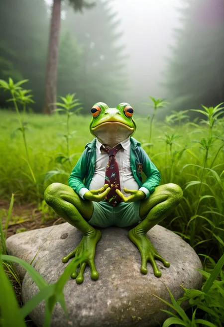 Hippy frog with a tie-die shirt and weed shorts, sitting on a rock yoga pose , peace sign, in a lush green field. Its eyes are large and round, foggy forest scene, with trees casting shadows across the ground. The sun, positioned in the upper right corner of the frame, casts a warm glow over the scene. zavy-cnmtc chiaroscuro