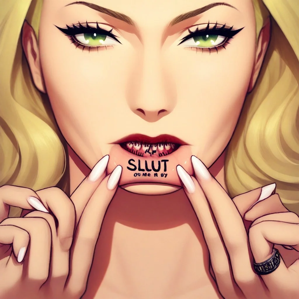 LipTattoo, 1girl, showing inner Lip tattoo, English text, "slut", green eyes, long nails