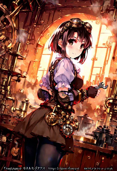 1girl, misaki_kurehito_2, katou megumi, Megumi,brown hair,kato megumi,brown eyes, short hair , medium breasts, solo, looking at viewer, masterpiece, best quality, steampunk engineer outfit, leather corset with brass buckles, goggles on head, fingerless gloves, Victorian workshop background, brass gears and clockwork, steam pipes, vintage machinery, floating cogwheels, holding wrench, determined inventor expression, oil smudge on cheek, industrial lighting, copper and brass tones, steam effects, mechanical contraptions, detailed mechanical parts, dutch angle composition BREAK, extremely detailed clothes, eyes, detailed eyes, very aesthetic, high resolution