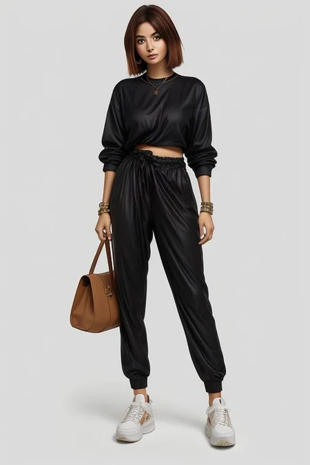 masterpiece,best quality,ultra_detailed, bellissima, 1girl , smile, haircut style pixie, 1boy, ass, black shirt, bracelet, brown hair, dirty, from behind, full body, grey background, high-waist pants, holding bag, jewelry, lips, long sleeves, mole, pants, platform footwear, short hair, simple background, sneakers, solo, standing, torn clothes, upper body, very short hair, westwood style 1girl, westwood style simple background