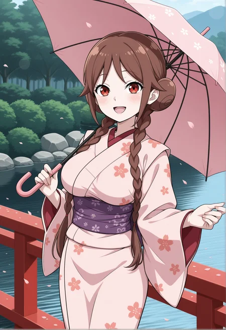 masterpiece,best quality,amazing quality, (aged up:1.2), anime coloring, flat colors,
<lora:NoobV065sHyperDmd:.5>,
<lora:tachibana_yuzuki_meipaws:1> 1girl, floral print, japanese clothes, holding umbrella, pink kimono, smile, brown hair, river, outdoors, purple sash, hair bun, bridge, open mouth, :d, twin braids, print kimono, looking at viewer, water, day, blush, double bun, railing, wide sleeves, pink umbrella, red eyes, standing, long sleeves, lens flare, braided bun, bush, petals, stream, parasol, pond, breasts, low twin braids
