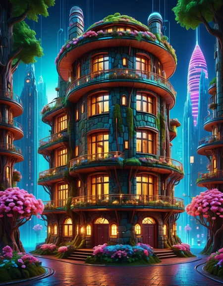 cyberpunk cityscape, high quality, masterpiece, forest scene, cute 3 storey stone round house, lots of windows, chimneys, flowers at the front, night time <lora:extremely_detailed:0.4> extremely detailed <lora:BorkStyle:0.8> Jed-brk <lora:CS3:0.8> Cyberspace, Digital Cyberspace theme, ((created by glowing magical energy in cyberspace)) , neon lights, dark alleys, skyscrapers, futuristic, vibrant colors, high contrast, highly detailed