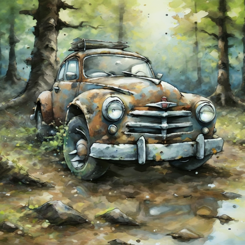 artmix04 old car in forest, very detailed<lora:artmix04:1>