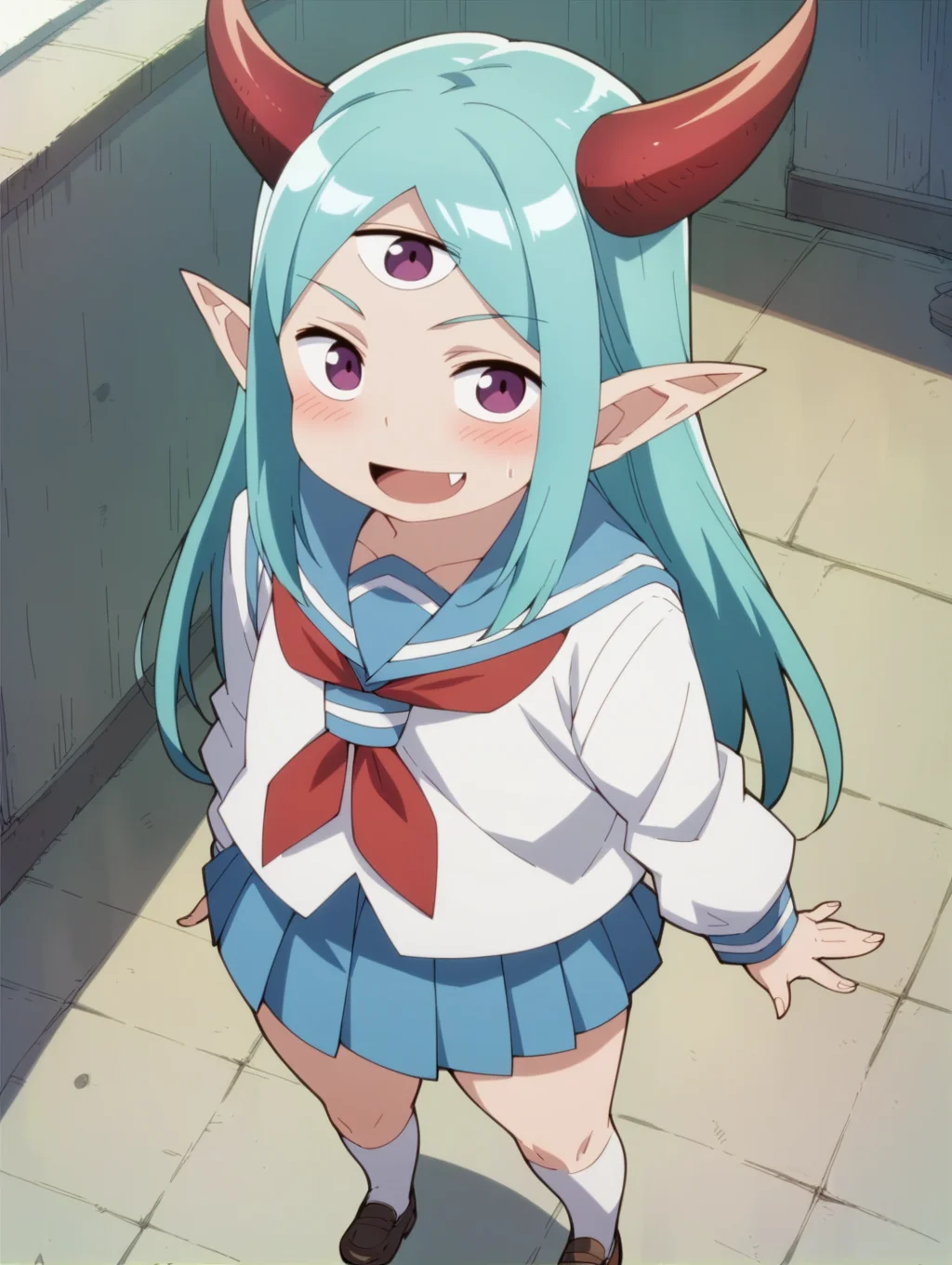 score_9, score_8_up, score_7_up, score_6_up, score_5_up, score_4_up, source_anime,rating_safe, 1girl,solo, <lora:lv1maou_b_v1:1>, lv1maou_b, horns, pointy ears, aqua hair, purple eyes, school uniform, pleated skirt, neckerchief, white legwear, smile,open mouth, shoes, standing, blush,looking at viewer