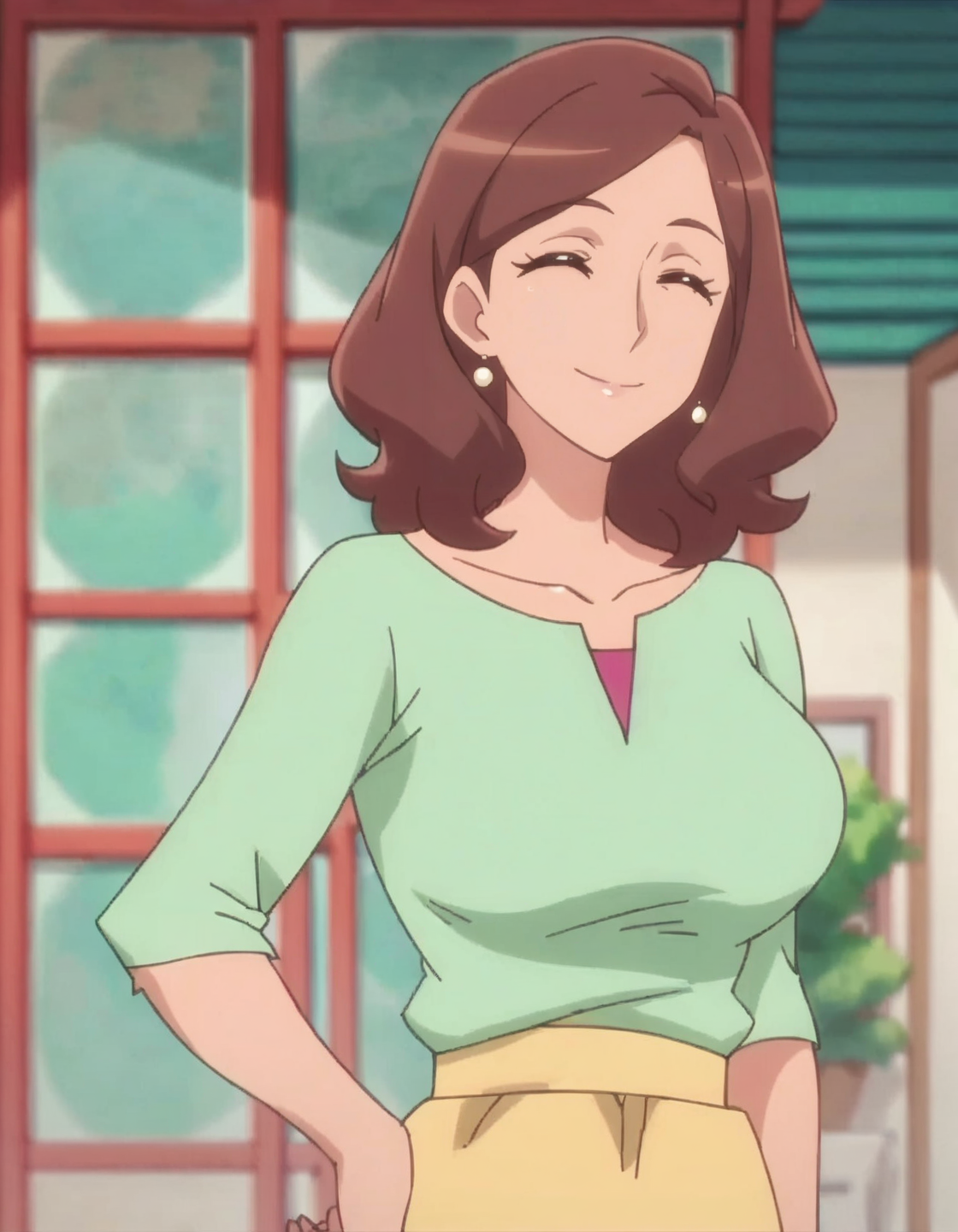 score_9, score_8_up, score_7_up, anime screencap, solo,1girl,  smile, brown hair, shirt, hand on hip, mature female, ^_^, short hair, green shirt,yellow skirt,large breasts, smile,<lora:hanaderayasuko:0.8>
