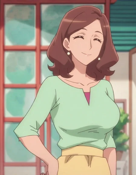score_9, score_8_up, score_7_up, anime screencap, solo,1girl, smile, brown hair, shirt, hand on hip, mature female, ^_^, short hair, green shirt,yellow skirt,large breasts, smile,<lora:hanaderayasuko:0.8>