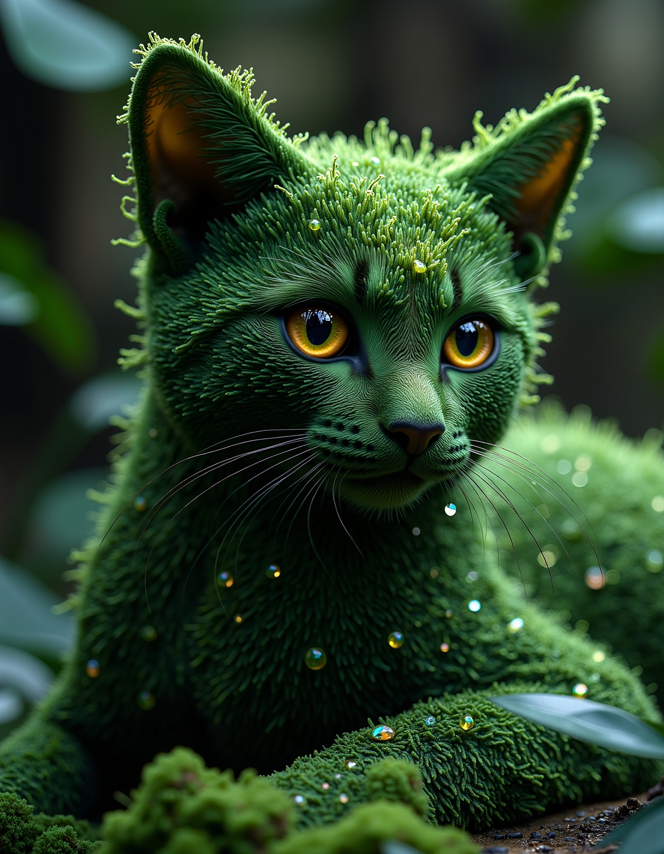 aidmamj6.1, 
A breathtaking bio-organic feline, its sleek form enshrouded in a dense, verdant layer of minuscule grass-like filaments, each strand glistening with delicate dew-like gemstones that shimmer in the dim ambient light. The cat’s piercing golden eyes hold a mesmerizing, almost supernatural intensity, as if reflecting the very essence of the forest itself. Scattered across its face, minuscule polished stones and opalescent water droplets refract a spectrum of deep blues and vibrant greens, their crystalline clarity adding a surreal level of depth to the creature’s ethereal design. Every intricate detail of its moss-coated visage flows seamlessly into the organic textures of its body, merging with the soft, blurred backdrop of dense foliage, creating an enchanting scene of nature’s harmony embodied within a living, breathing entity.
 <lora:aidmaMJ6.1-FLUX-v0.5:0.6>