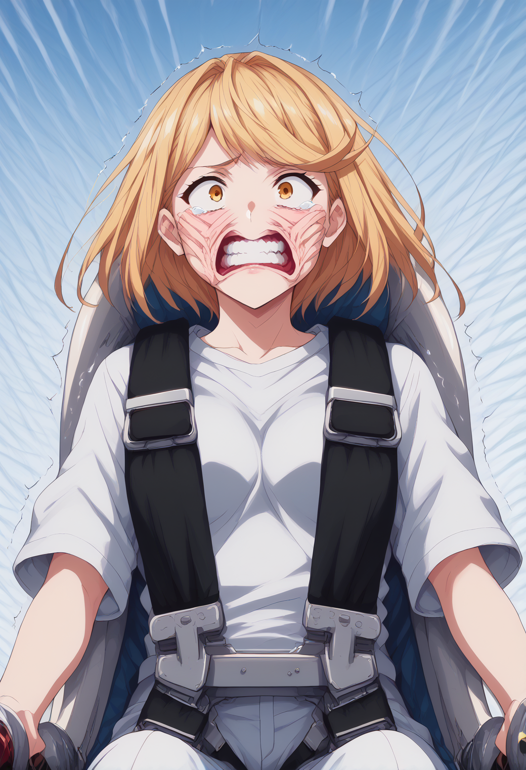 score_9,source_anime,rating_safe, anime screencap, BREAK
1girl,Mythra,sitting,(seat:1.4),(leaning back:1.5),yellow eyes,on back,outside,outdoors,concerned,worried,crying with eyes open,wind,cowboy shot,(roller coaster:1.6),(seatbelt:1.4),(dutch angle:1.4),looking ahead,clenched teeth,gaping mouth,(face wrinkles:1.3),wide open eyes,speed lines, (amusement park:1.4), detailed background,(wrinkled fabric:1.1), (wind:1.2), launching, shaking, trembling,sky,clouds, <lora:modern_anime_screencap_v1_0:0.7> <lora:detailed_backgrounds_v2:0.6>  <lora:gforcev4_7:1.4>