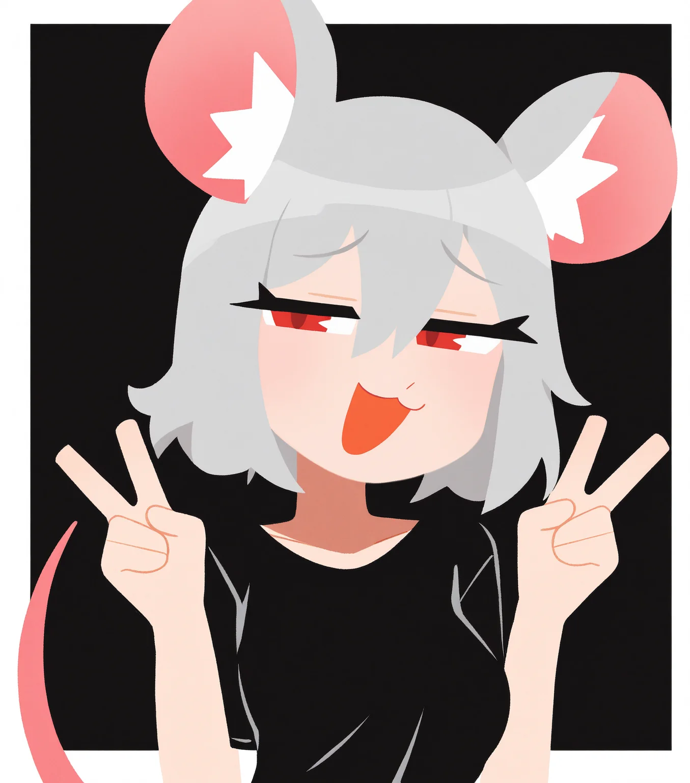 masterpiece, best quality, good quality, simple background, black background, white border, outside border, upper body, looking at viewer, red eyes, grey hair, hair between eyes, open mouth, smile, smug, narrowed eyes, :3, solo, 1girl, bob cut, mouse girl, mouse ears, mouse tail, animal ear fluff, medium breasts, black t-shirt, hands up, double v