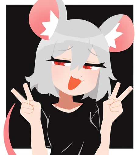 masterpiece, best quality, good quality, simple background, black background, white border, outside border, upper body, looking at viewer, red eyes, grey hair, hair between eyes, open mouth, smile, smug, narrowed eyes, :3, solo, 1girl, bob cut, mouse girl, mouse ears, mouse tail, animal ear fluff, medium breasts, black t-shirt, hands up, double v