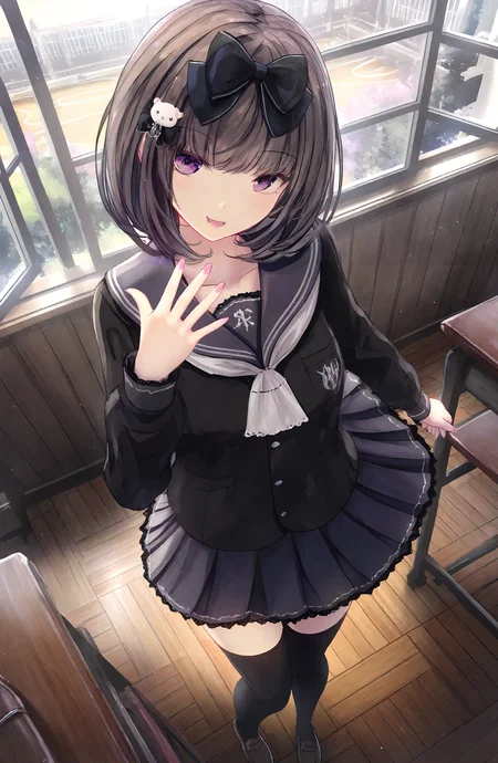 1girl, solo, looking_at_viewer, smile, open_mouth, skirt, black_hair, long_sleeves, thighhighs, bow, standing, school_uniform, purple_eyes, hair_bow, pleated_skirt, shoes, serafuku, indoors, black_thighhighs, sailor_collar, nail_polish, bag, black_shirt, neckerchief, window, black_bow, from_above, desk, black_serafuku, wooden_floor, classroom