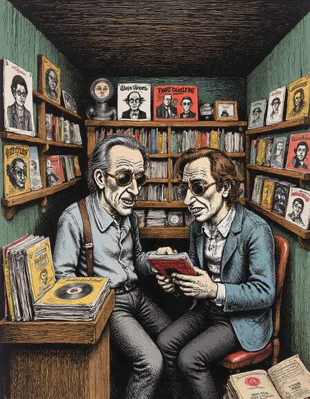 a small cramped record store filled with eccentric characters flipping through dusty vinyl records their faces contorted in concentration the shelves are overflowing with old albums and posters cover every inch of the walls each drawn with rough heavy lines the air feels thick with nostalgia and decayr0b3rt_crum8