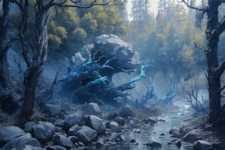(Realistic:1.5) EdobLandscapeAlpha , outdoors, thorns, signature, blue theme, evening, alien, bridge, solo, rock, forest, <lora:EdobLandscapeAlpha_v1.0:0.8>