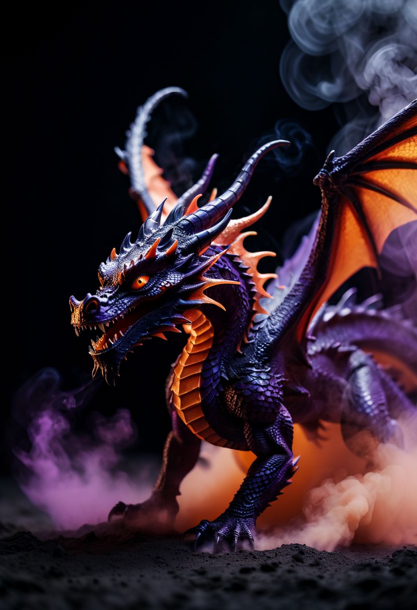 glamour portrait photo, macro, a captivating vibrant dark mythical dragon taking off, dust getting pushed up by his wings, surrounded by smoke, ethereal, smoky backdrop. throwing a translucent orange/tanslucent purple/black, 100mm f/2.8 macro lens, atmospheric haze, Film grain, cinematic film still, shallow depth of field, highly detailed, high budget, cinemascope, moody, epic, OverallDetail, gorgeous, 2000s vintage RAW photo, photorealistic, candid camera, color graded cinematic, eye catchlights, atmospheric lighting, imperfections, natural, shallow dof