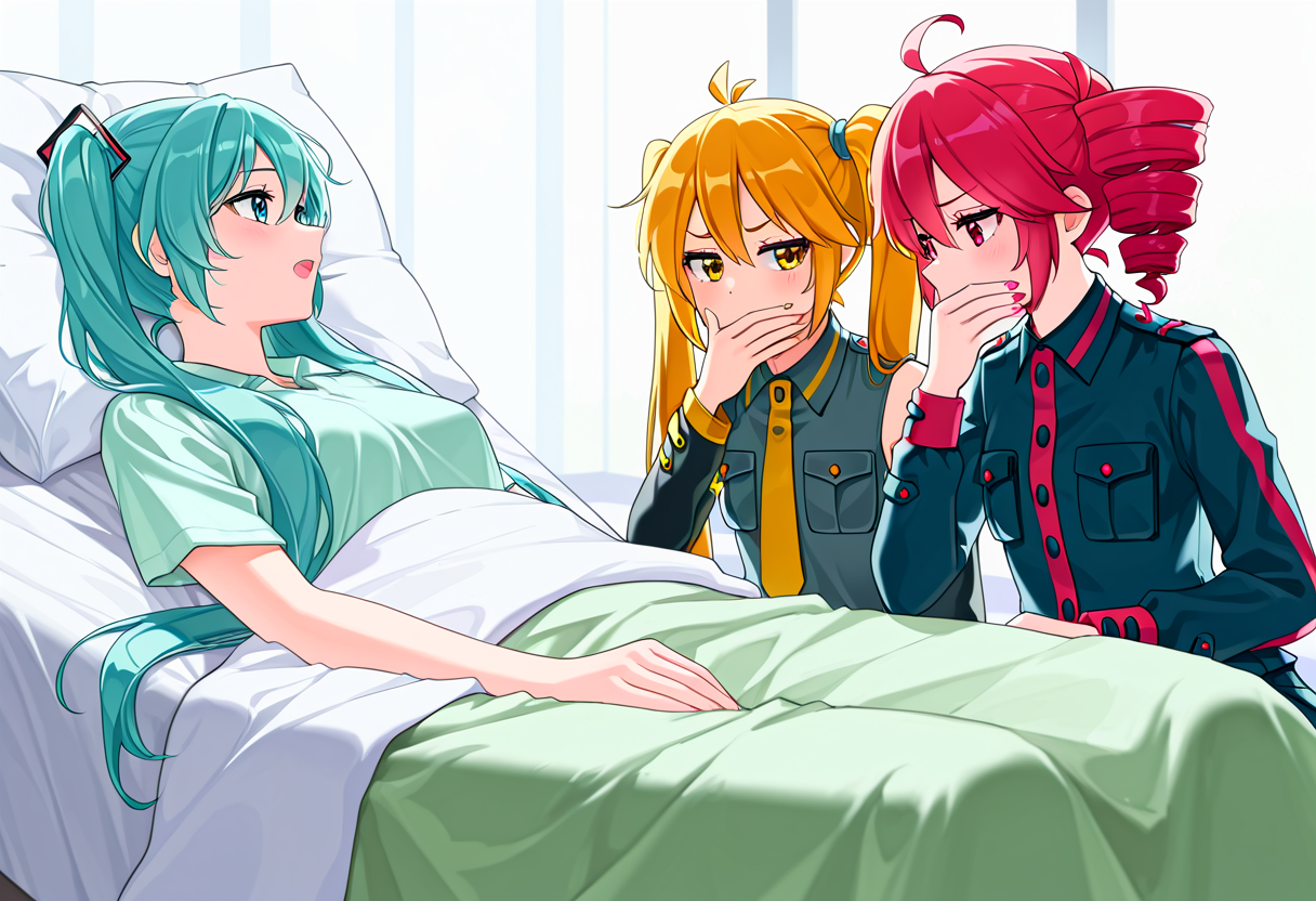 masterpiece, high quality, absurdres, 3girls,
BREAK
on bed, lying, open mouth, pillow, hatsune miku, under covers,  looking at another
BREAK
sitting, hand over own mouth, kasane teto, akita neru, closed mouth, 
<lora:please_stop_beatboxing-10:1>