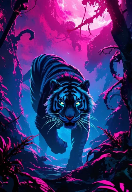A fierce tiger prowling through a neon blue jungle, set against a deep crimson sky, with blue light reflecting on its striped fur,     highly detailed,gold,silver, bo-neon, ArcaneFGTNR