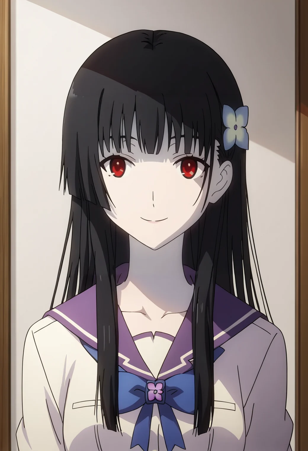 score_9, score_8_up, score_7_up,source_anime, high res image, masterpiece, best quality, 1girl, solo, upper body, looking at viewer,   <lora:Sanka-Rea:0.8> sanka rea, pale skin,red eyes, school uniform, hair ornament