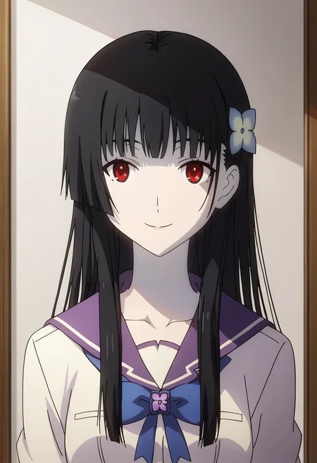 score_9, score_8_up, score_7_up,source_anime, high res image, masterpiece, best quality, 1girl, solo, upper body, looking at viewer,   <lora:Sanka-Rea:0.8> sanka rea, pale skin,red eyes, school uniform, hair ornament