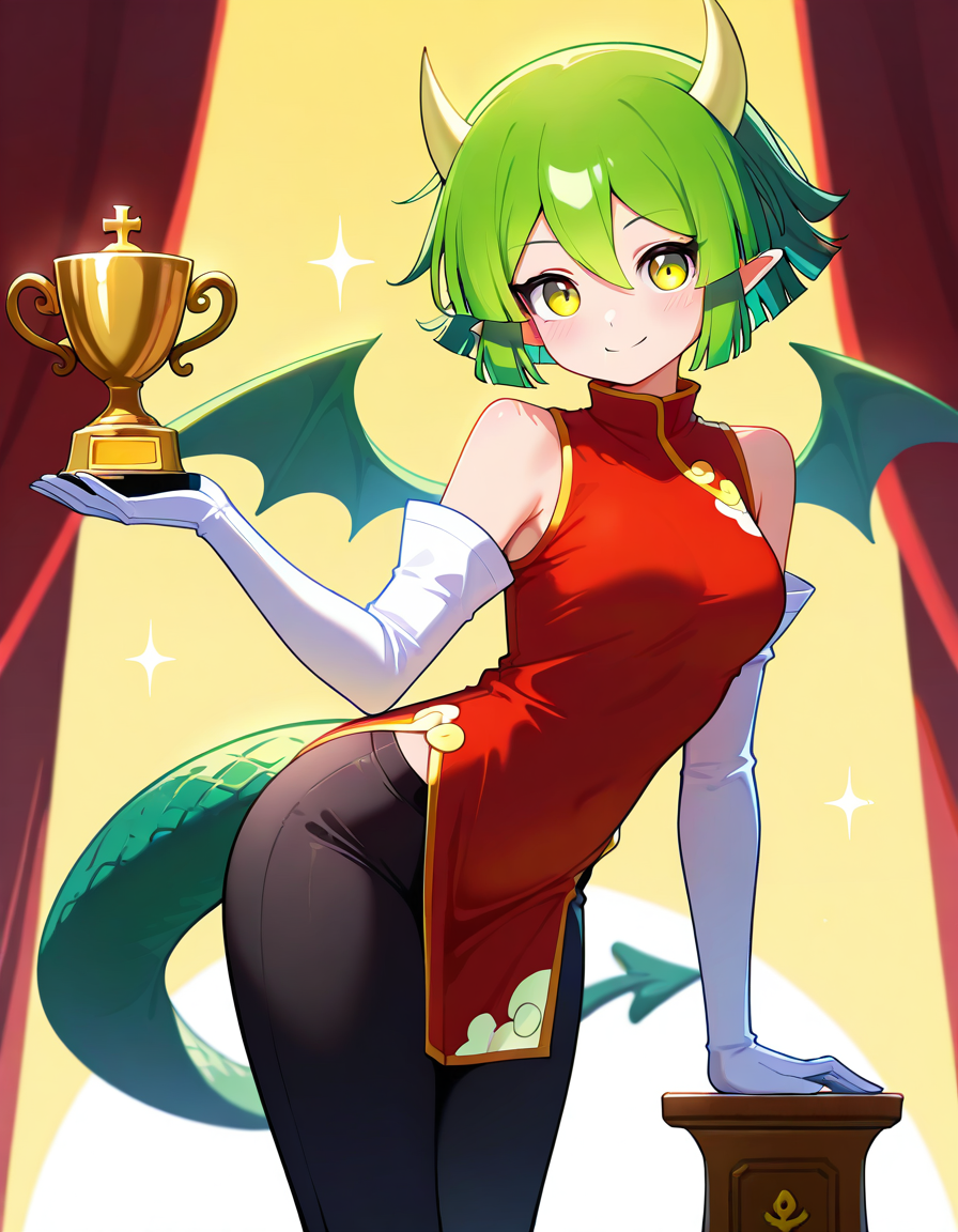 <lora:Pdoraco_SDXL_Illustrious01_fp16_ver02:1>,PdoracoG, 1girl,green hair,horns, green dragon wings,green dragon tail,yellow eyes,green hair,short hair,red china dress, white elbow gloves,black pants,smile,trophy,looking at viewer,  <lora:HairintakesEraser_v01_illustrious_10steps:2>, masterpiece, best quality, very aesthetic, absurdres,<lora:detailed_hands:1>,hand
