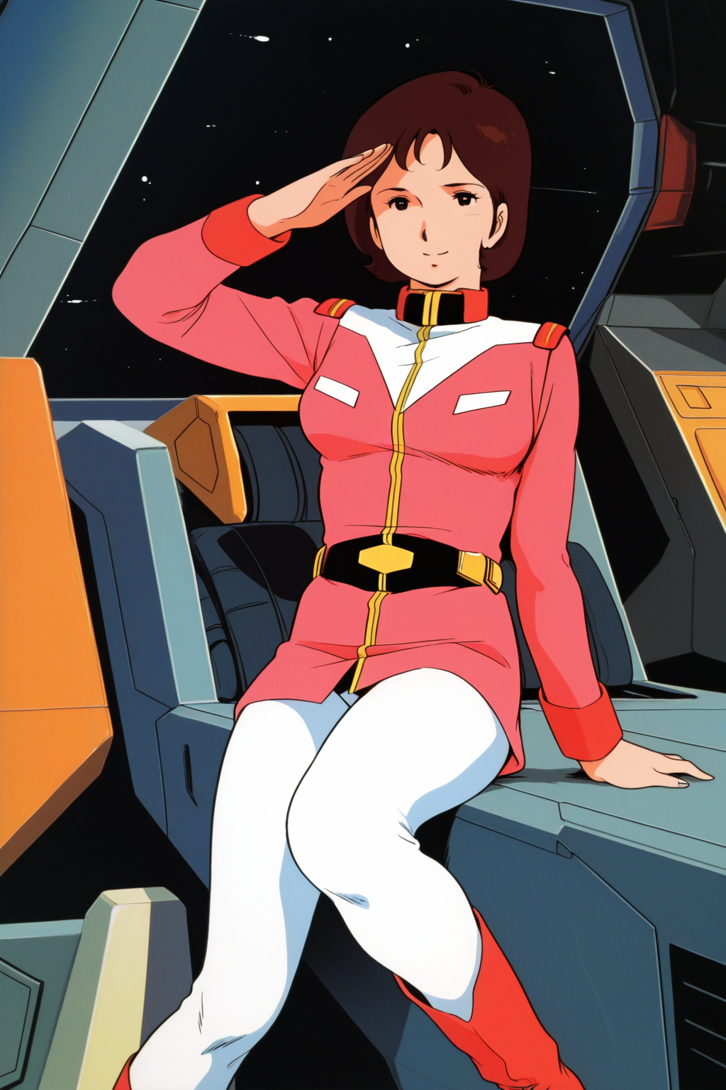 masterpiece, best quality, amazing quality, absurdres, miraiyashima79, brown hair, solo, salute, smile, looking at viewer, pink military uniform, white pants, red boots, large breasts, indoors, spacecraft, science fiction, retro artstyle
