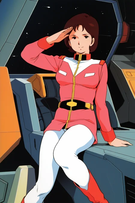 masterpiece, best quality, amazing quality, absurdres, miraiyashima79, brown hair, solo, salute, smile, looking at viewer, pink military uniform, white pants, red boots, large breasts, indoors, spacecraft, science fiction, retro artstyle
