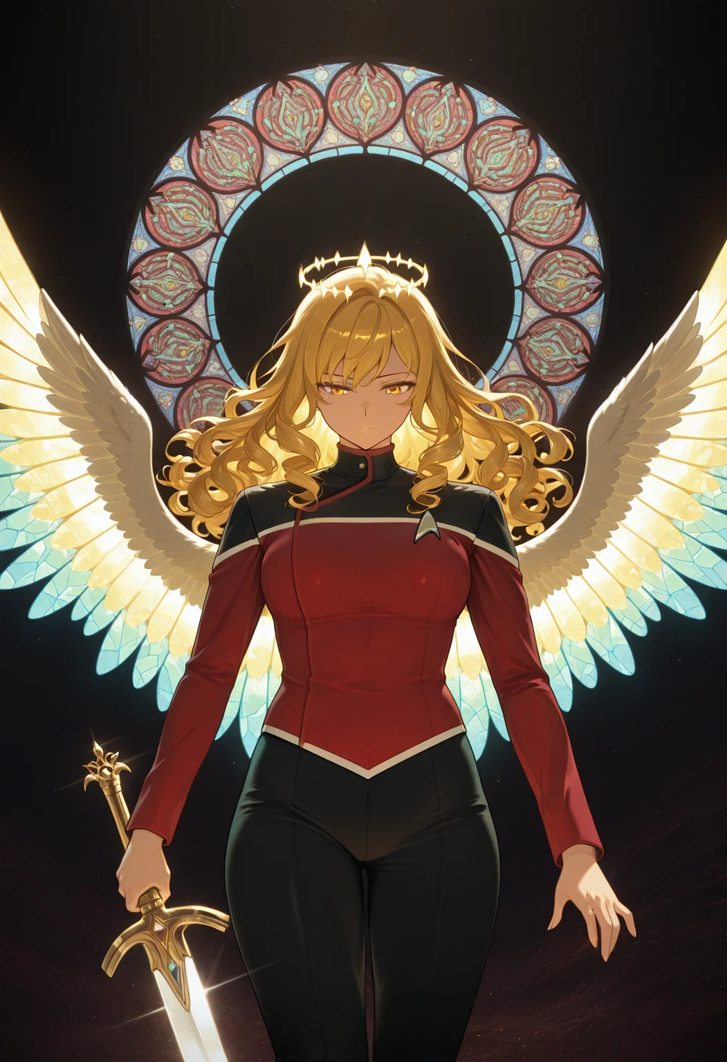 abstract background, colorful, light reflection, a powerful angel spreads her wings exultant against the shimmering void, holding a shining sword, beautiful woman, flawless body, stained glass wings, dark background, 1girl, solo, long golden hair, curly hair, red TLD uniform ,masterpiece,best quality,amazing quality,