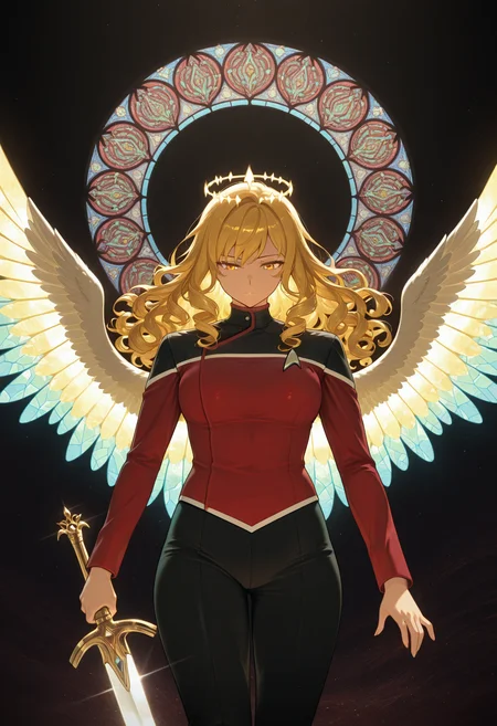 abstract background, colorful, light reflection, a powerful angel spreads her wings exultant against the shimmering void, holding a shining sword, beautiful woman, flawless body, stained glass wings, dark background, 1girl, solo, long golden hair, curly hair, red TLD uniform ,masterpiece,best quality,amazing quality,