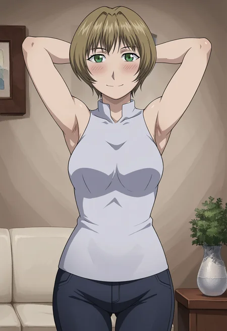 <lora:Gracia_Hughes-Fullmetal_Alchemist:0.85>,Gracia,mature female,1girl,solo,short hair,green eyes,brown hair,sleeveless shirt,pants,arms behind head,looking at viewer,indoors,blush,smile