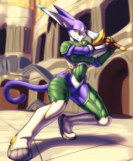 solo, miadothack, female, yellow eyes, whiskers, armor, holding sword, fighting pose, mall, detailed background, by jindragowolf, highly detailed, masterpiece, <lora:MiaDotHackXL_05-Noob-nd32-na32-lr2-ep20:1>