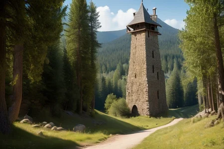realistic analog photo, award winning photo, vary wide shot of stone witow tower:1.3, no humans, scenery, blue sky, dirt road, pine trees, dry grass, Desert, nature, outdoors, RAW, highres, 8k, uhd, High Dynamic Range, tonemapping, crisp details, portcullis,