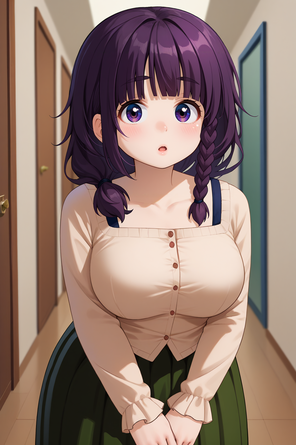 score_9, score_8_up, score_7_up, score_6_up, source_anime, 1girl, solo <lora:mayumatsukaze-pdxl-nvwls-v1-000005:1> nkmm, purple hair, black hair, braid, hair over shoulder, purple eyes, beige cardigan, buttons, long sleeves, green skirt, long skirt, large breasts, looking at you, blush, chestnut mouth, upper body, indoors, hallway