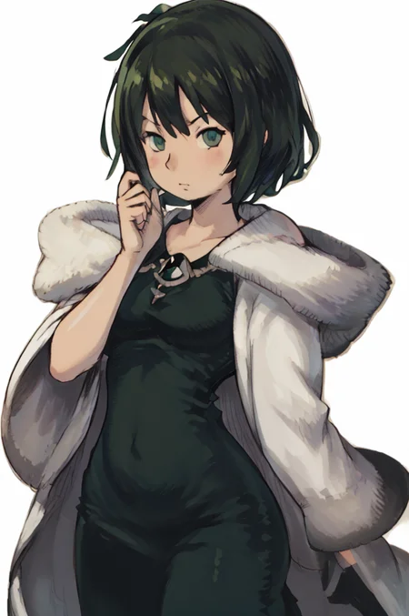 (Yoshida_Akihiko_PonyXL_style_v02.10.01:1.0) solo, 1girl, white background, (chibi head), cowboy shot, EPopmFubuki, fubuki, black hair, short hair, green eyes, coat, long sleeves, collarbone, large breasts, necklace, jewelry, dress, fur coat, green dress, big breasts, (Bravely Default Style), yoshida akihiko, green eyes, (big breasts:1.5), <lora:pony\char\anime\EPopmFubukiPony-04.safetensors>, <lora:pony\style\Yoshida_Akihiko_PonyXL_style_v02.10.01.safetensors>, <lora:styles\yoshida_akihiko_offset.safetensors>, <lora:styles\BravelyDefault.safetensors>, <checkpoint:[Pony] prefectPonyXL_v10.safetensors>, <checkpoint:[SD15] tfmCutesyAnime2_genesis.safetensors>
